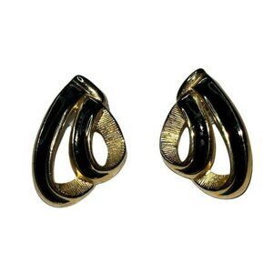 Vintage Classic Retro Gold Black Enamel Trifari Ribbon Swirl Pierced Earrings